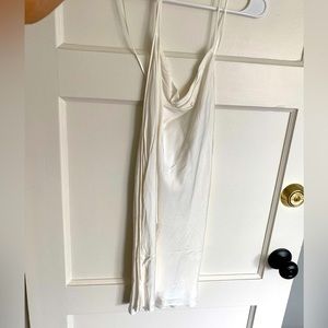 White silk mini dress with drapped neckline and tie straps